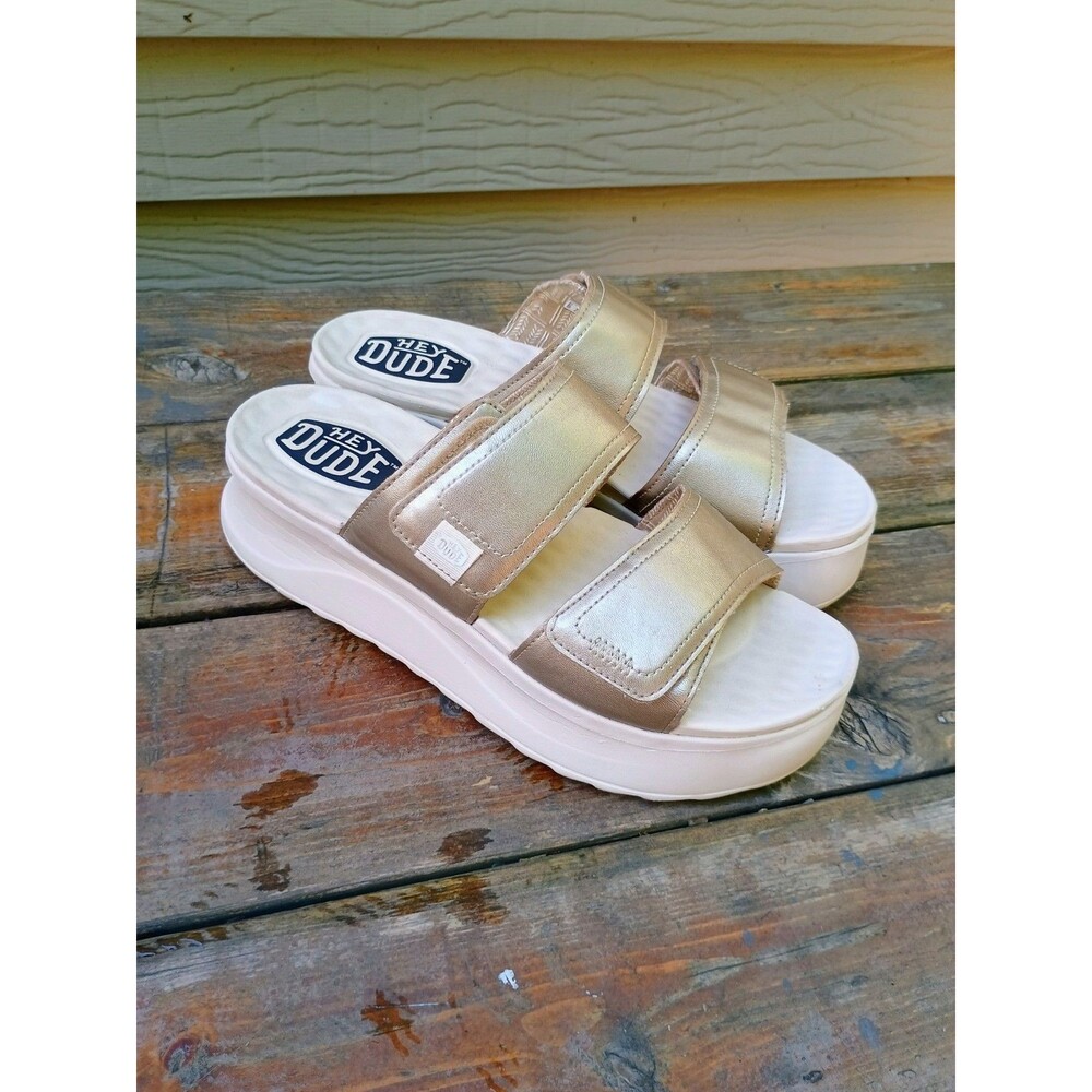HEY DUDE Delray Platform Double Straps Slide Sandals Champagne Gold Sz 11